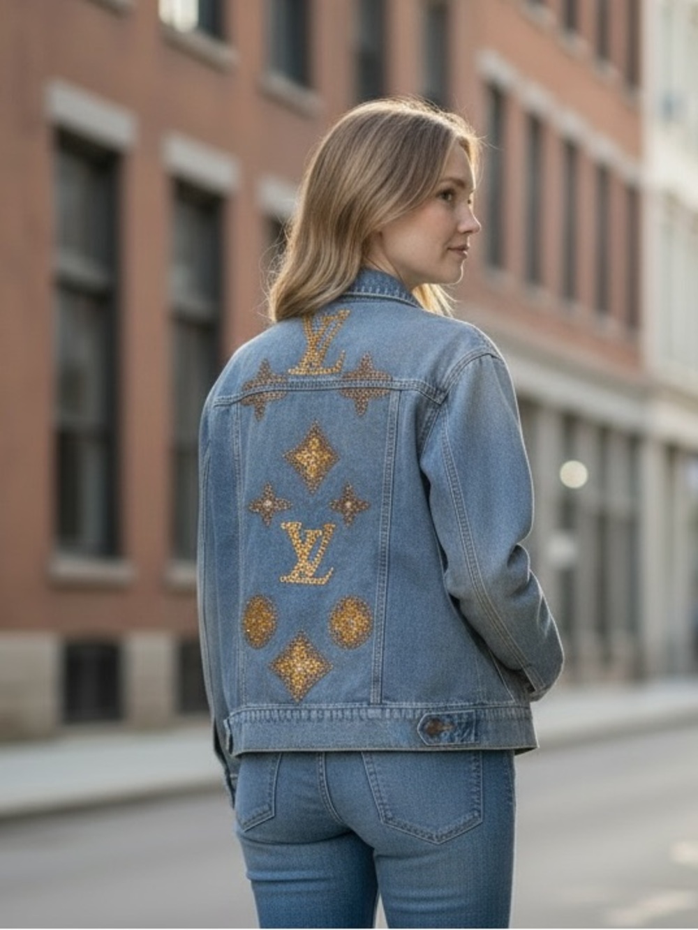STS Blue Custom Rhinestone Monogram Denim Jacket Medium Distressed Upcycled M